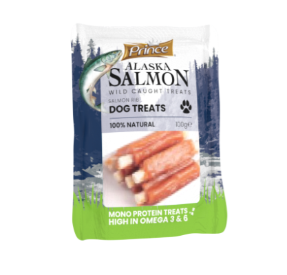 PRINCE skanukai šunims Aliaskos lašišos šonkauliukai 100g PRINCE skanukai šunims Aliaskos lašišos šonkauliukai 100g