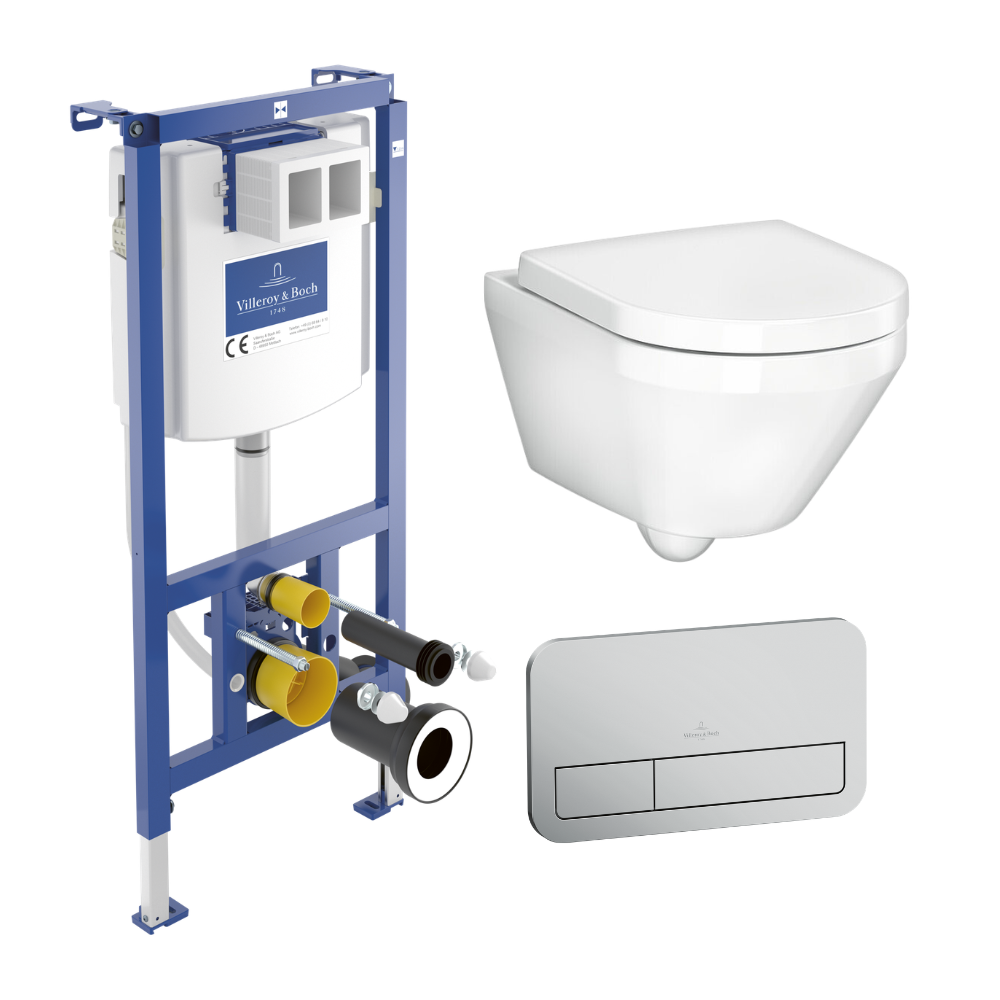 Komplektas: Villeroy & Boch ViConnect potinkinis rėmas su šlifuoto chromo mygtuku ir Gustavsberg pakabinamas klozetas su soft close dangčiu Komplektas: Villeroy & Boch ViConnect potinkinis rėmas su šlifuoto chromo mygtuku ir Gustavsberg pakabinamas klozetas su soft close dangčiu