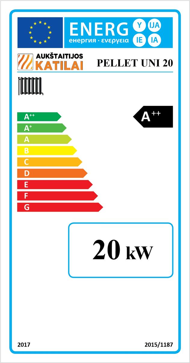 Granulinis katilas 20 kW komplekte su rotac. 20 kW degikliu, sraigtu, 320 l metaliniu bunkeriu