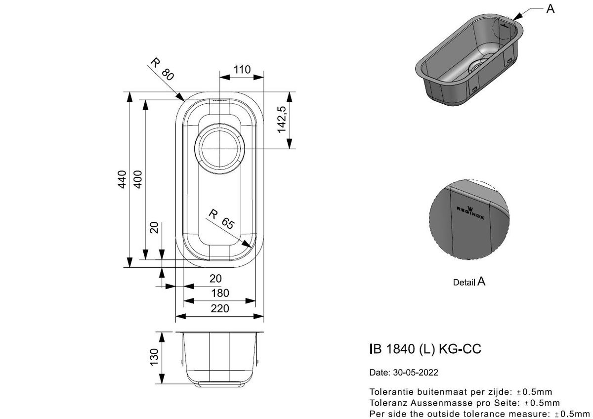 Plieninė plautuvė Reginox IB 1840 L KG -CC, nerūdijantis plienas R23594