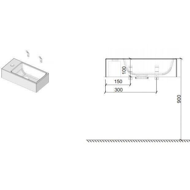 Praustuvas Riho Tiny 40 cm skylė maišytuvui kairėje
