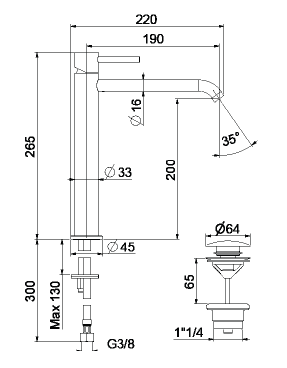Aukštas maišytuvas praustuvui Fiore Xenon Slim PRIMAVERA Ardesia, su dugno vožtuvu 444AD5250