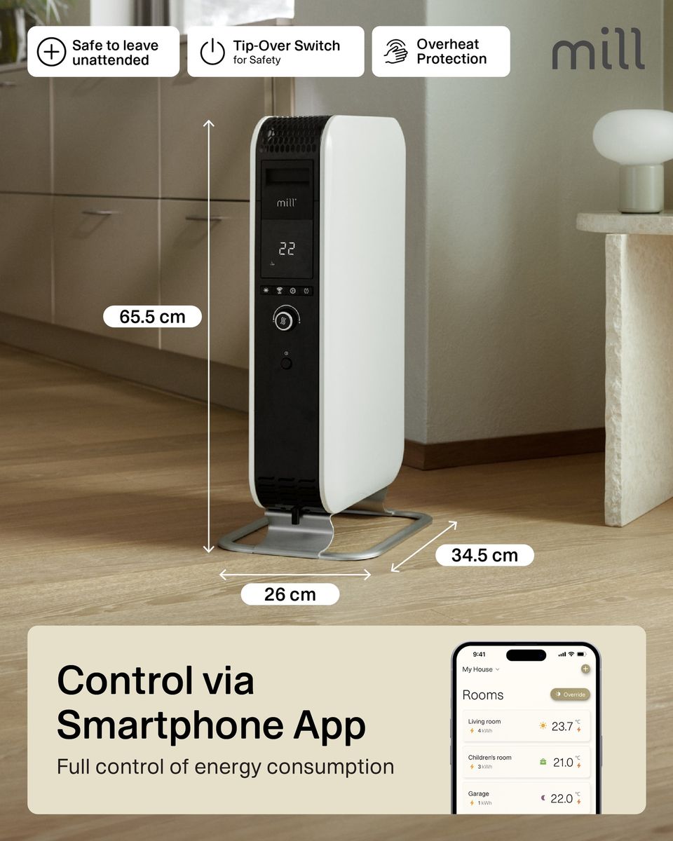Tepalinis radiatorius Mill OIL1500WIFI3 Gentle Air, 1500 W | Tinka patalpoms iki 22 m² | Baltas, WIFI Tepalinis radiatorius Mill OIL1500WIFI3 Gentle Air, 1500 W | Tinka patalpoms iki 22 m² | Baltas, WIFI