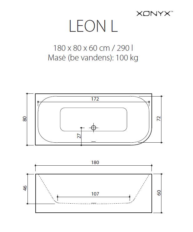 Akmens masės vonia Balteco Leon kairinė 180×80 balta poliruota