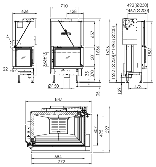 Plieninis židinio ugniakuras Spartherm Premium V-2R-68h, ø200 mm