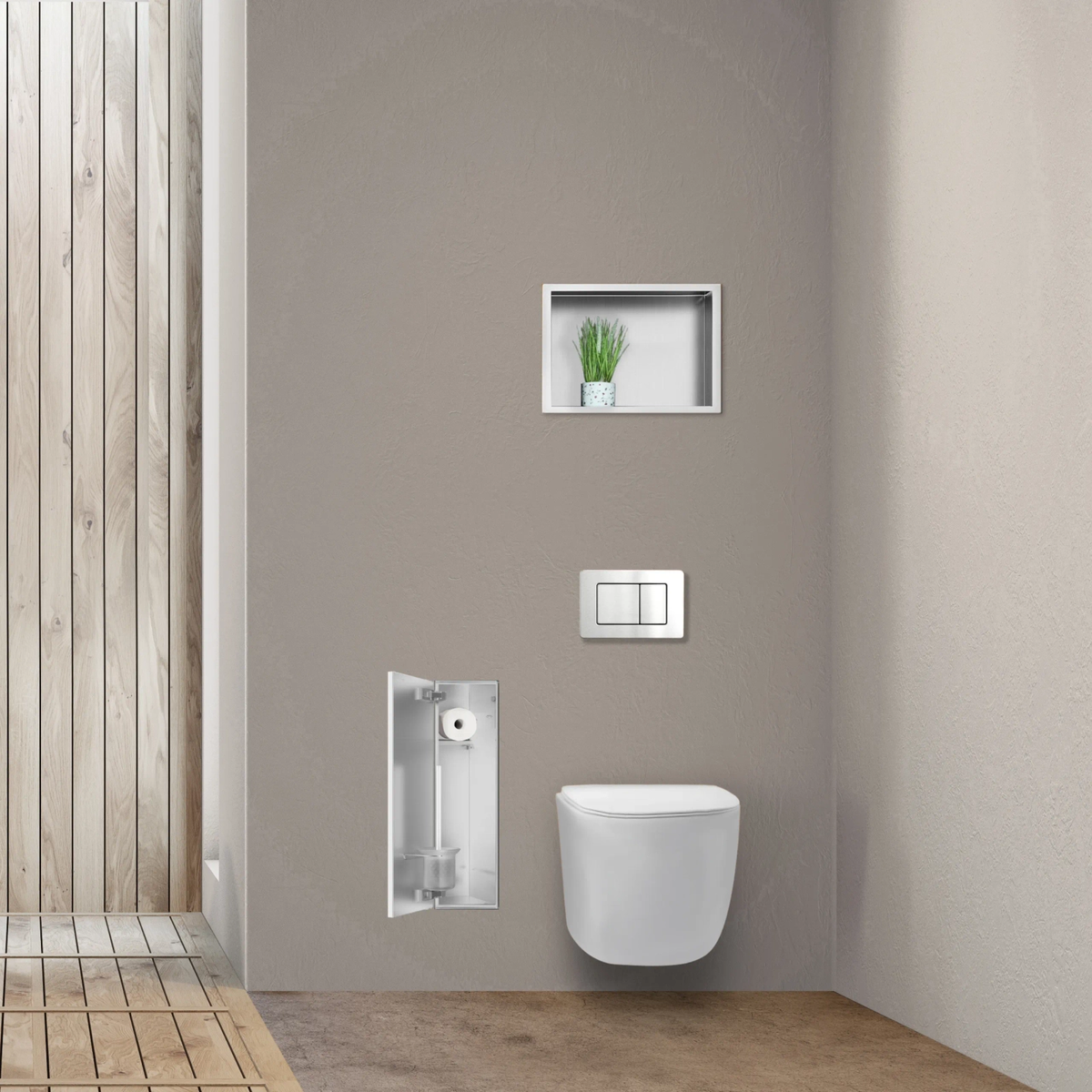 Potinkinė WC šepečio lentyna Balneo Wall Box Brush "L" Left - kairės pusės, įklijuojamai plytelei, nerūdijantis plienas B0401060105-02 Potinkinė WC šepečio lentyna Balneo Wall Box Brush "L" Left - kairės pusės, įklijuojamai plytelei, nerūdijantis plienas B0401060105-02