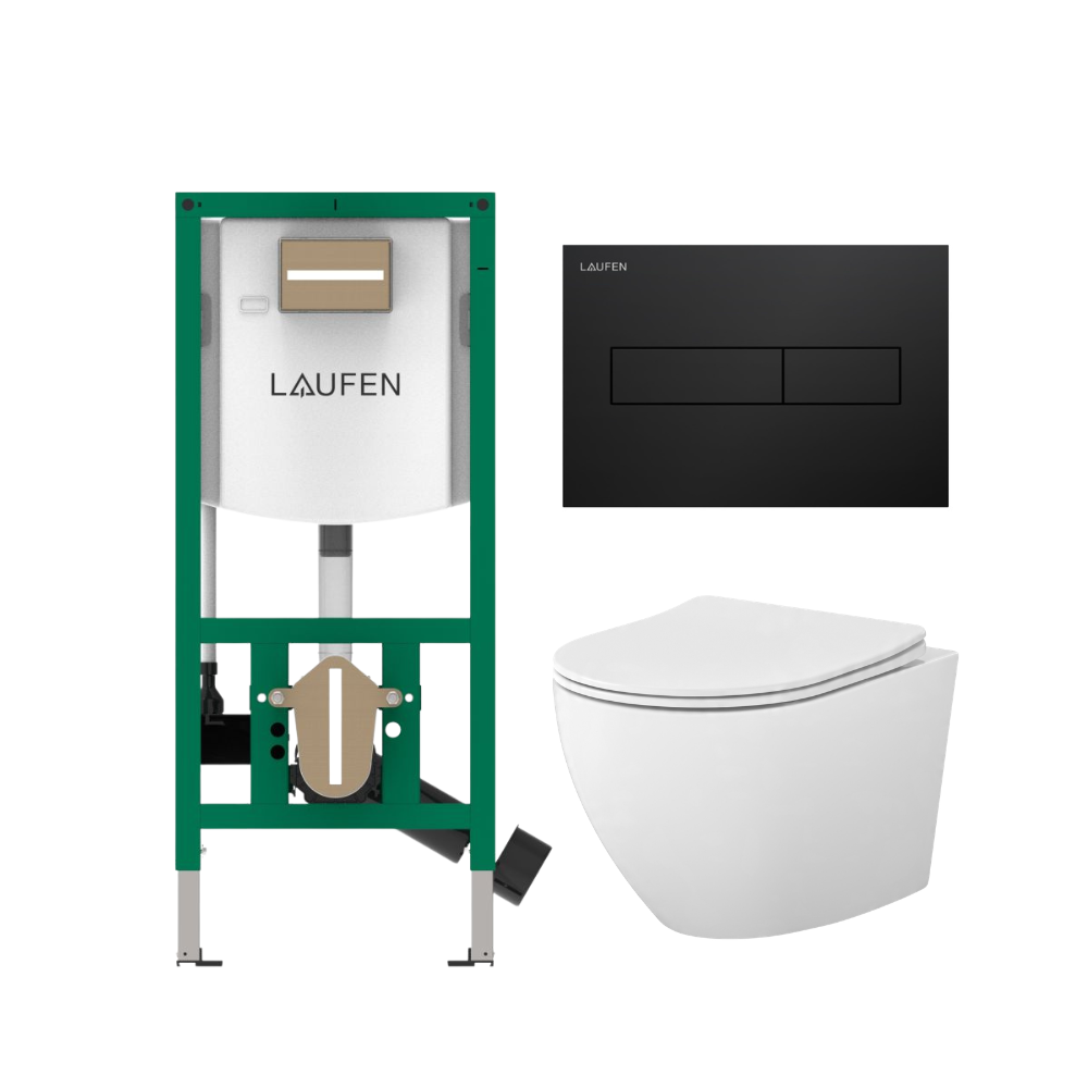 Komplektas: rėmas Laufen INEOLINK su juoda matine plokštele ir unitazas CERSANIT DESSE Vortex