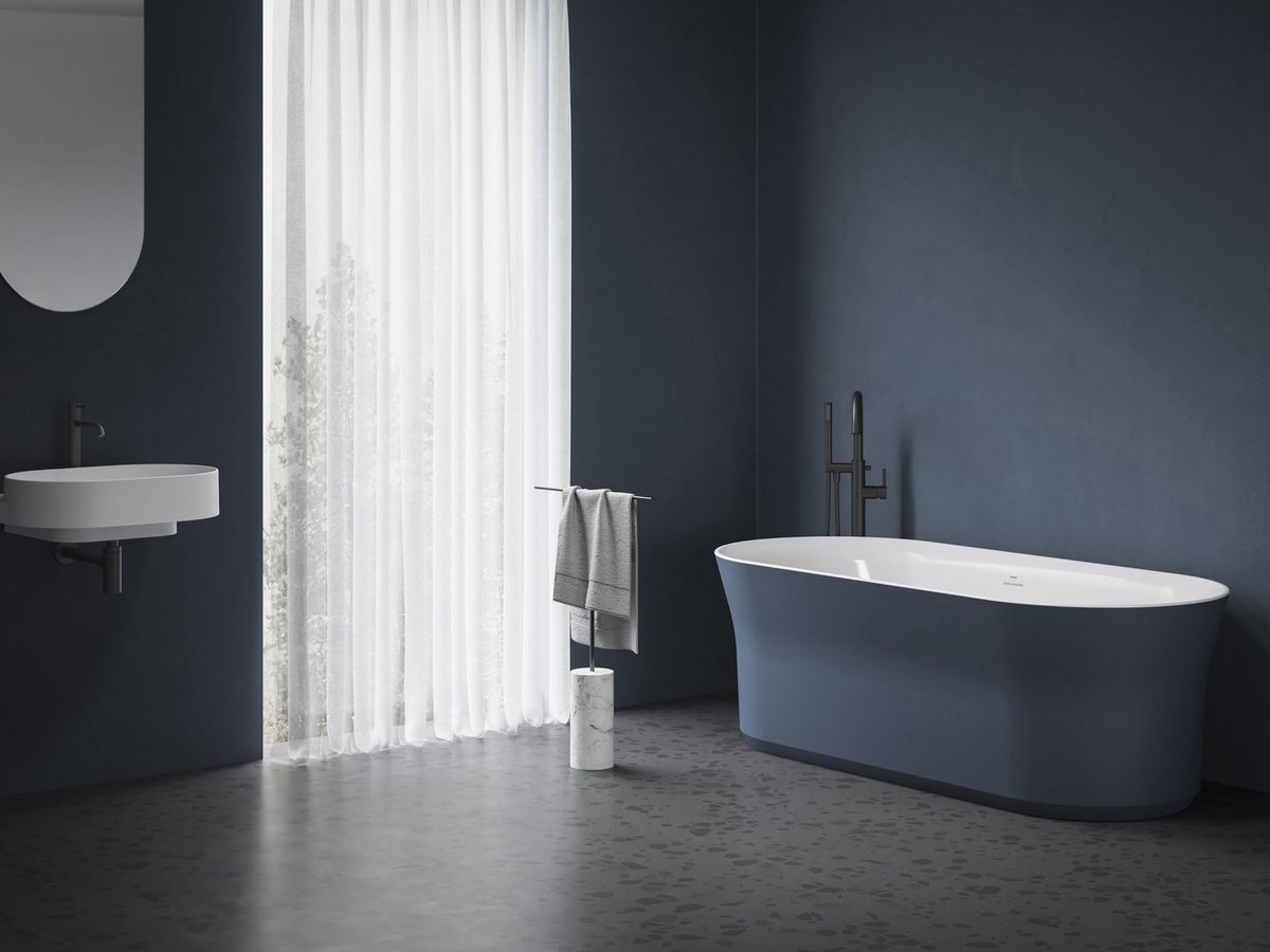 Ravak Vonia Ypsilon 180x80, laisvai pastatoma, Deepsea Blue/balta, persipylimo ir sifono dangtelis baltos spalvos XC00100071