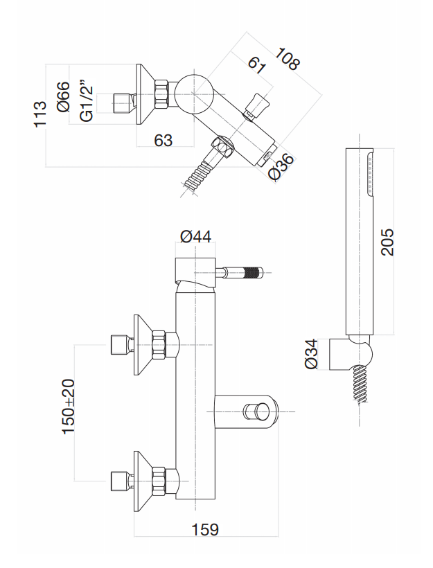 Vonios maišytuvas su rankiniu dušu Fiore Xenon, nerūdijančio plieno apdaila, 44AA5150