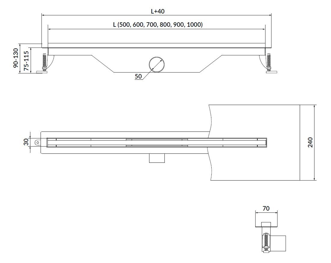 Dušo latakas su grotelėmis Cersanit SLIM TAKO 70 cm, šlifuoto plieno, S907-013