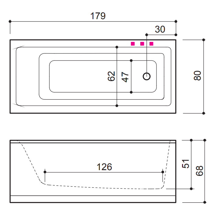 Stačiakampė akrilinė vonia FORMA 179x80 cm, E2 kairė pusė