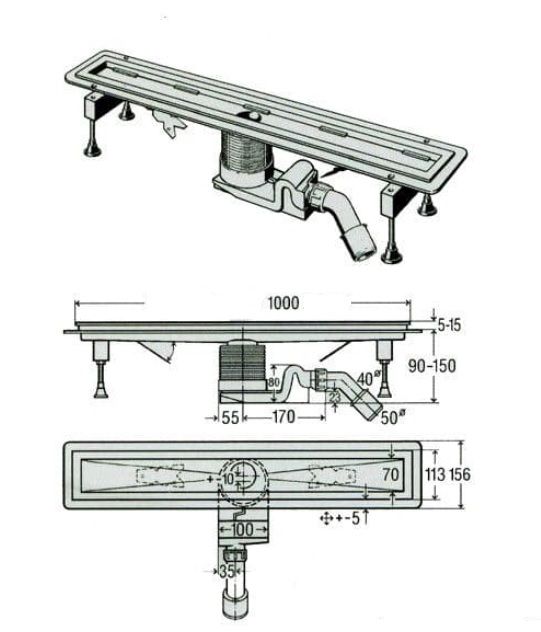 Dušo latakas Viega su grotelėmis ir kojelėmis 100 cm