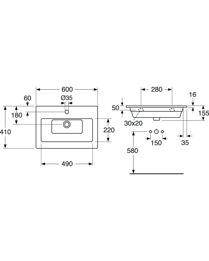 Praustuvas Graphic 600x410 mm, skirtas montavimui ant spintelės, baltas 4G016001