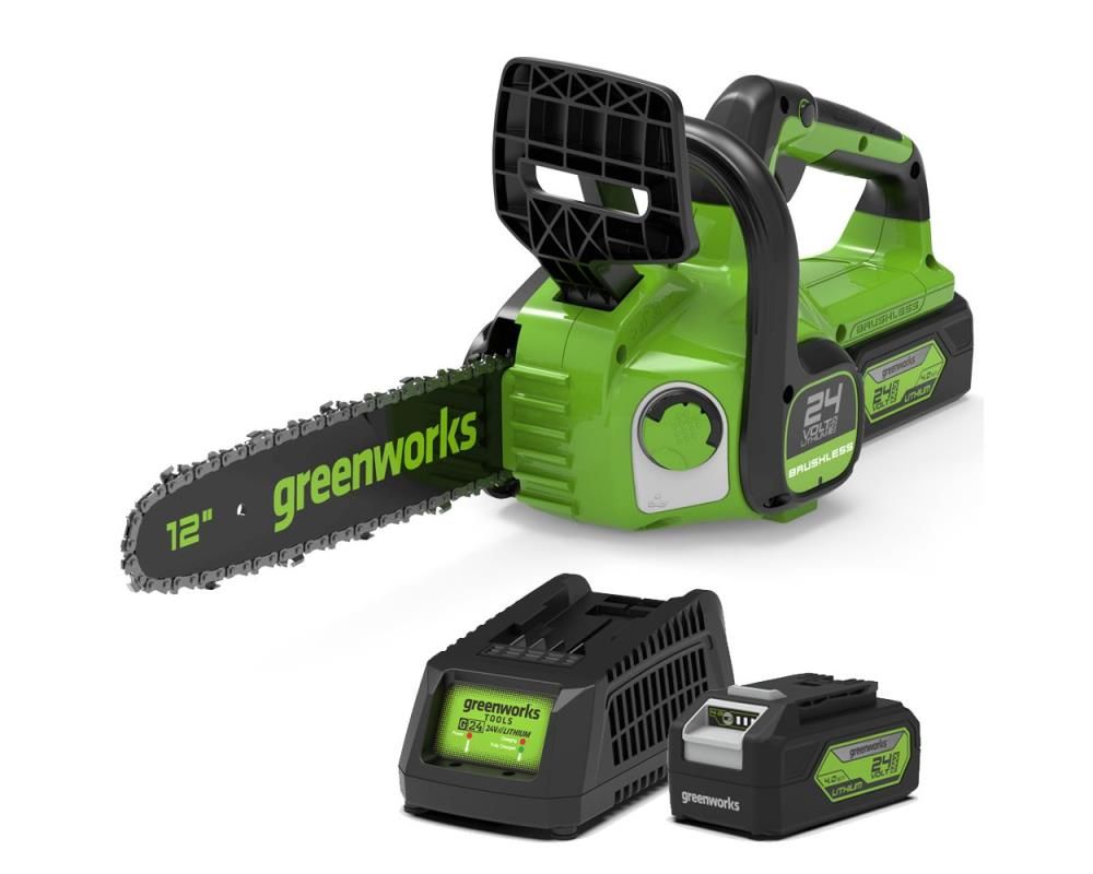 Akumuliatorinis grandininis pjūklas GREENWORKS 24V su 4Ah akumuliatoriumi GD24CS30, 6952909070148