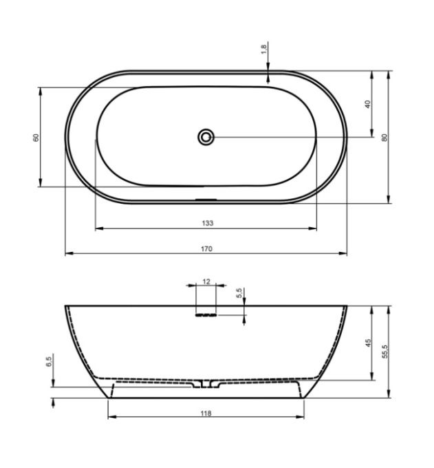 Laisvai pastatoma akmens masės vonia RIHO BILBAO 170x80 cm, B118001105 Laisvai pastatoma akmens masės vonia RIHO BILBAO 170x80 cm, B118001105