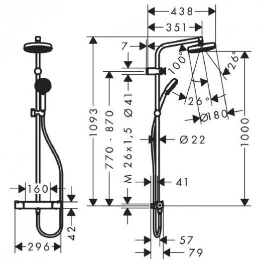 Dušo sistema su termostatu Hansgrohe MyClub 180, 1 jet, chromas/balta, 26797400