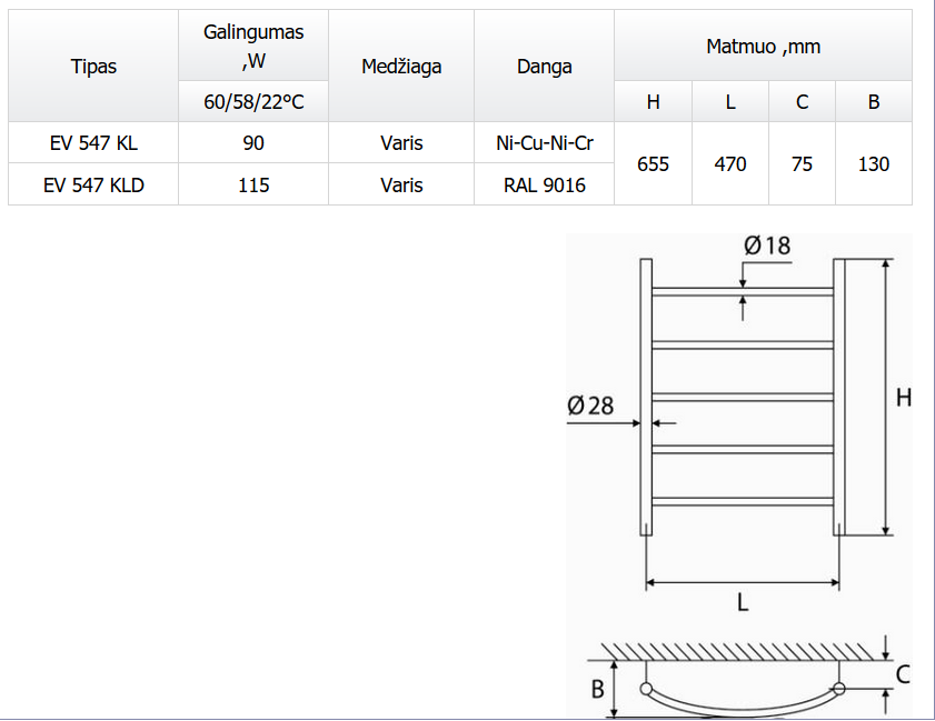 Rankšluosčių džiovintuvas EV547KL 655x470 mm, chromas