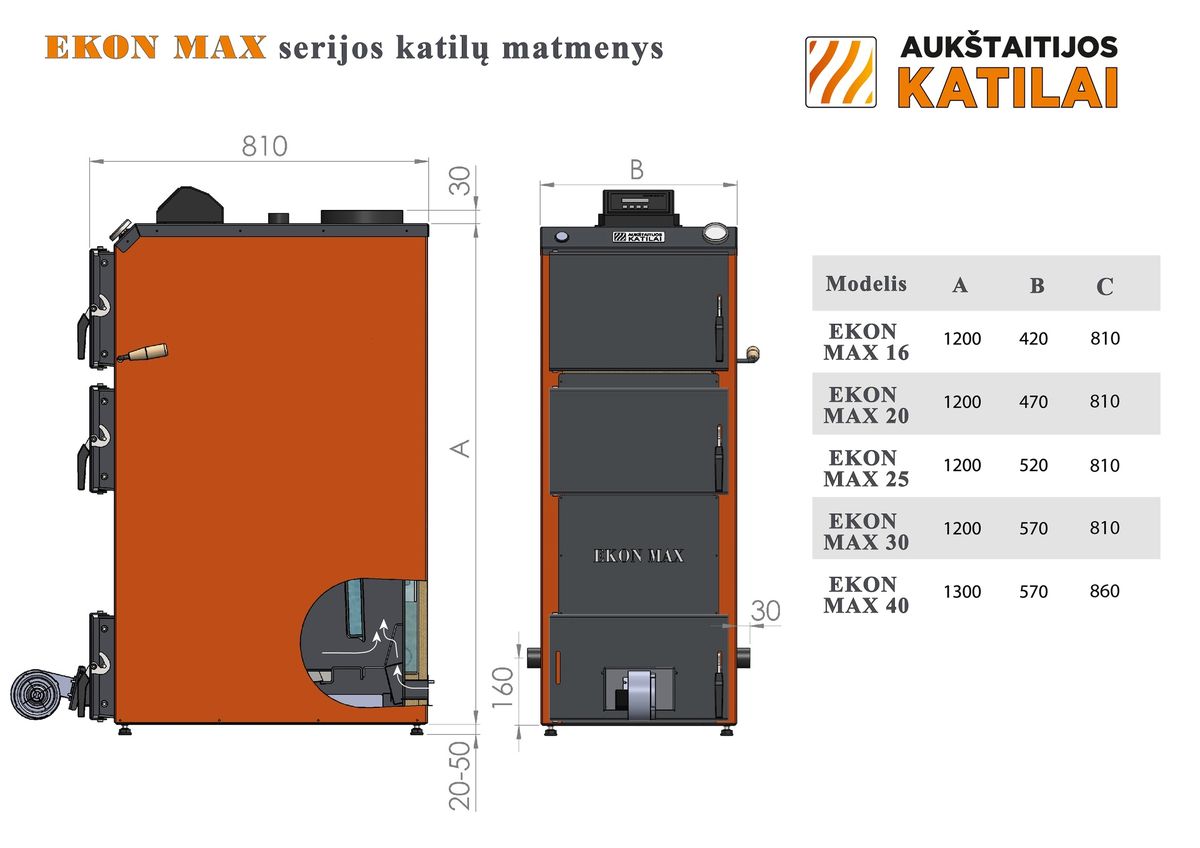 Kieto kuro katilas EKON-MAX+E, apatinio degimo, 25kW, su orapūte, valdikliu ir dūmų temperatūros davikliu