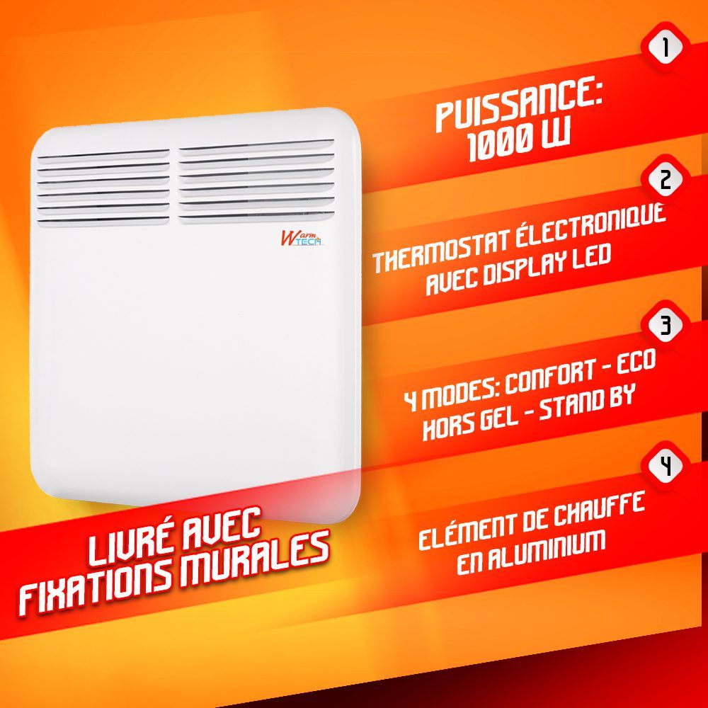 Sieninis konvekcinis šildytuvas Warmtech, 1000 W Sieninis konvekcinis šildytuvas Warmtech, 1000 W