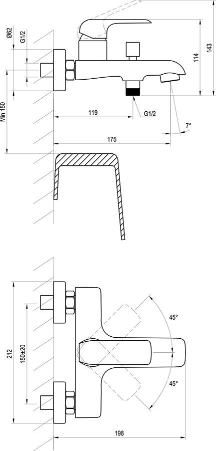 Sieninis vonios/dušo maišytuvas Ravak Flat, juodas X070175