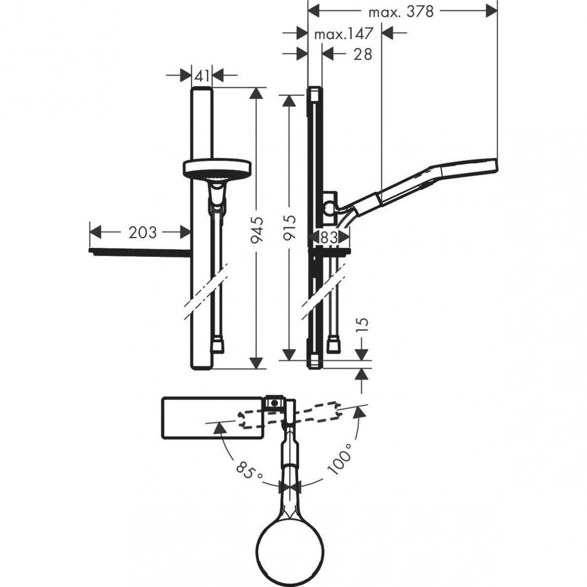 Dušo komplektas Hansgrohe Rainfinity 130 3 jet 90 cm su muiline, chromas 27671000