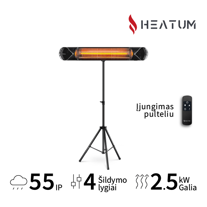 Pastatomas Infraraudonųjų spindulių šildytuvas Heatum H2500R CORE BLACK su trikoju stovu Pastatomas Infraraudonųjų spindulių šildytuvas Heatum H2500R CORE BLACK su trikoju stovu