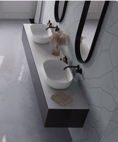 Pastatomas Xonyx™ lieto akmens praustuvas Balteco NEO O 56x36x14 cm, baltas matinis