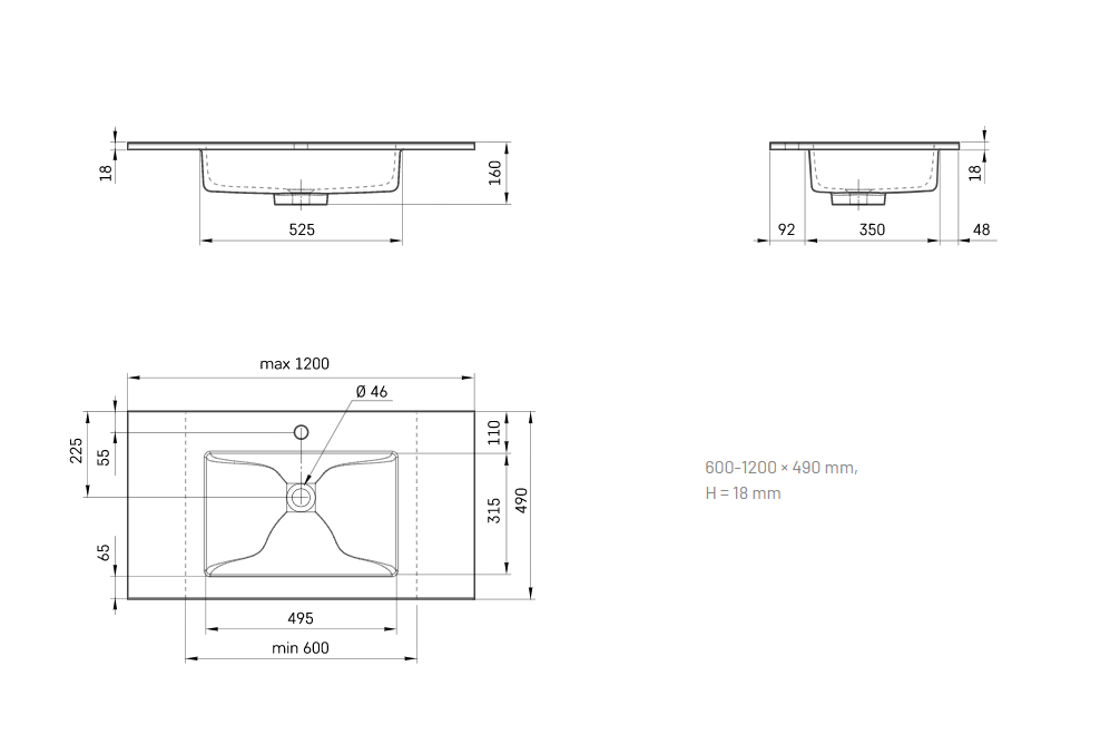 Akmens masės praustuvas PAA Loto nestandartinio dydžio 600-1200 mm x 490 mm, baltas ILOT600-1200/00