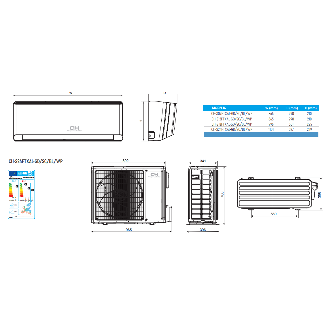 C&amp;H SUPREME CONTINENTAL Inverter CH-S24FTXAL-WP efektyvus šildymas iki -25°C, Šaldymas 7,00 KW, Šildymas 7,2 KW