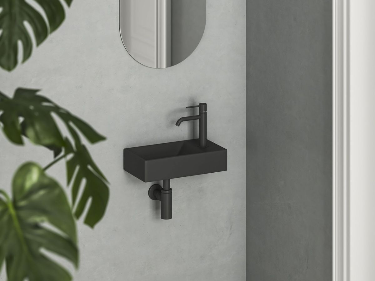 Praustuvas Veda Ravak Wall 40 D Mini, su skyle maišytuvui, matinės juodos, XJXPD240000