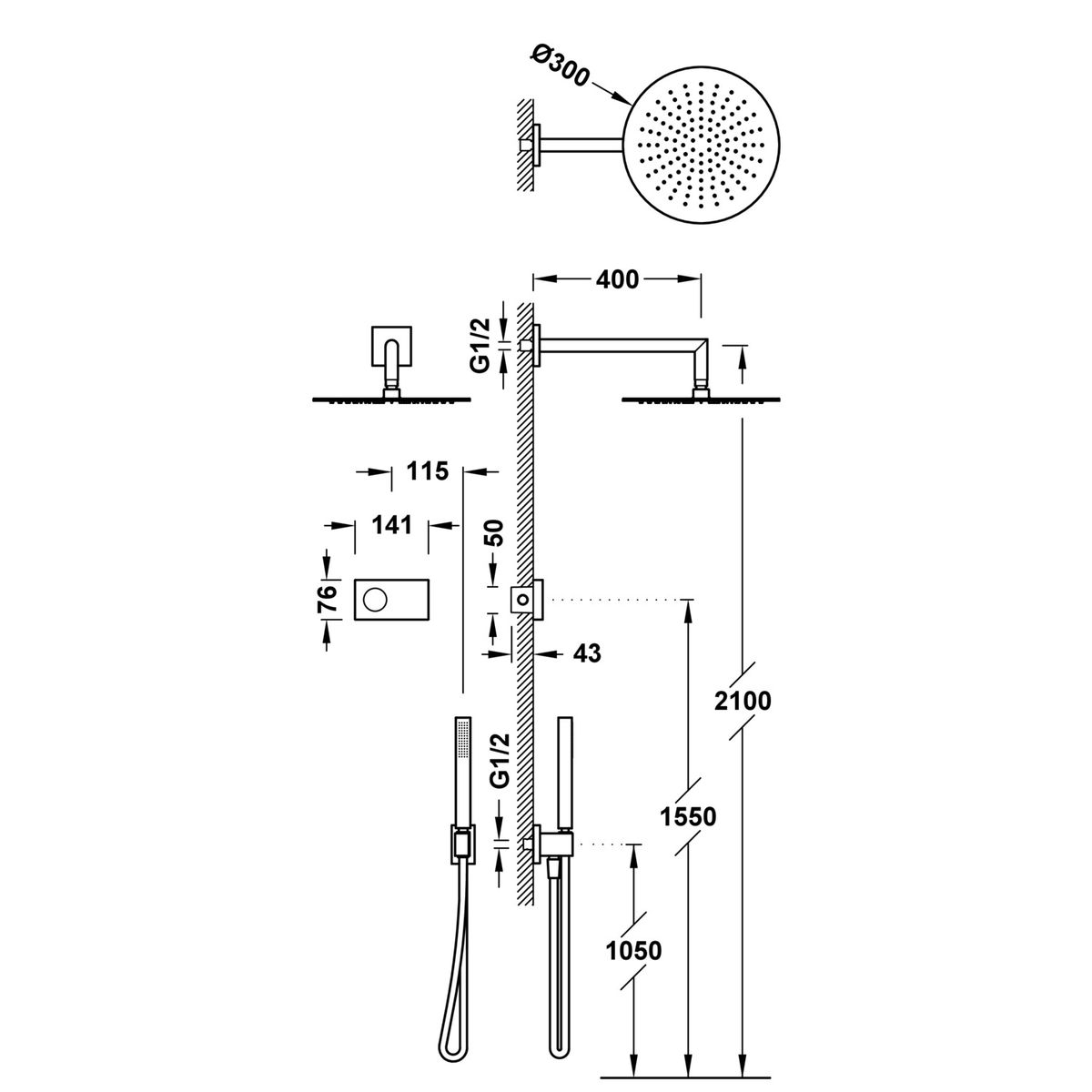 Potinkinė elektroninė termostatinė dušo sistema TRES Shower Technology su viršutiniu dušu ir rankiniu dušeliu, matinis auksas, 09286558OM