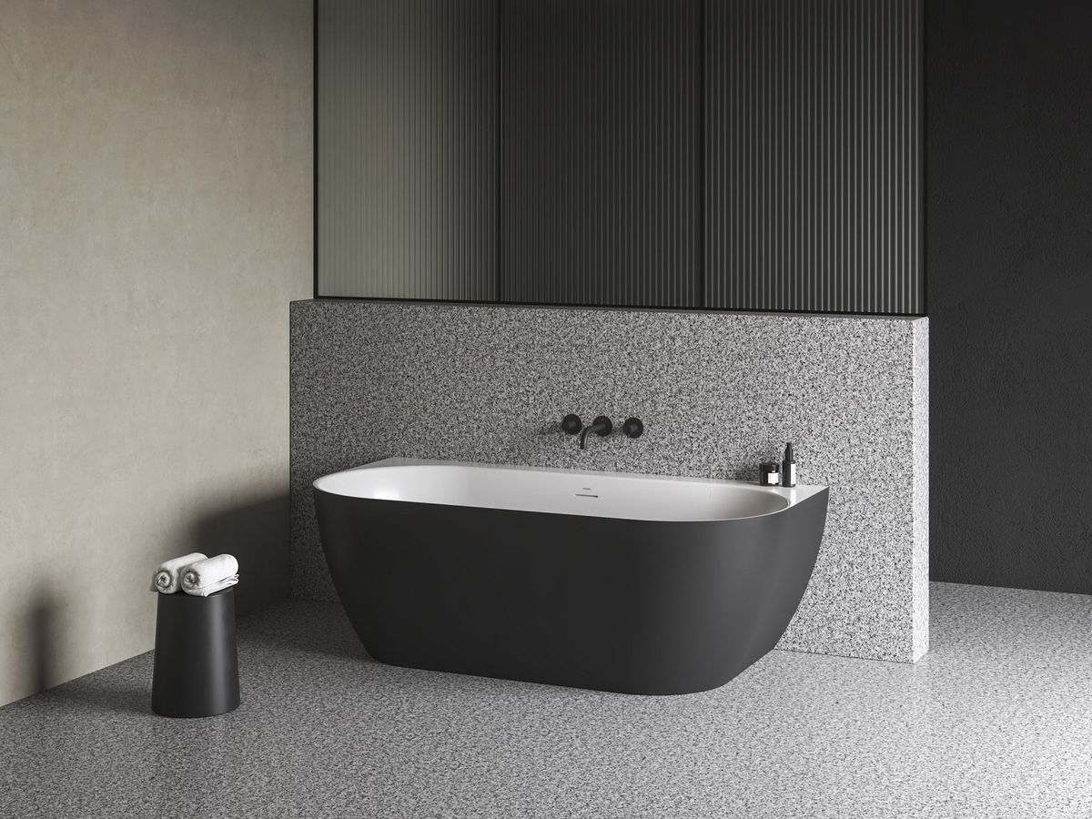 Laisvai pastatoma vonia Ravak Freedom Wall Tec 170x87, juoda/balta, sifono dangtelis juodos/baltos/chromo spalvos, CE31700000