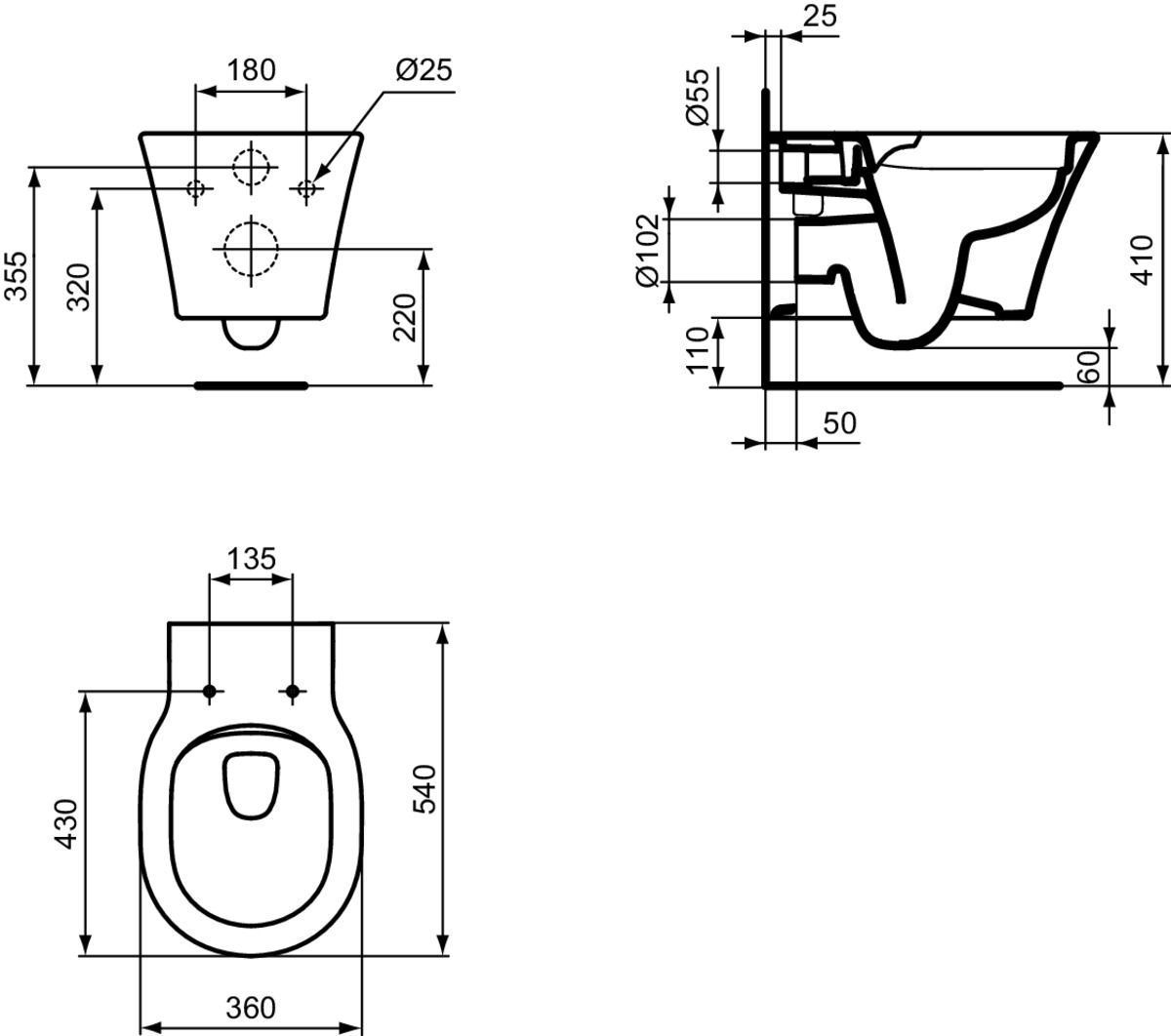 Pakabinamas klozetas Ideal Standard Connect Air su softclose dangčiu juodas matinis