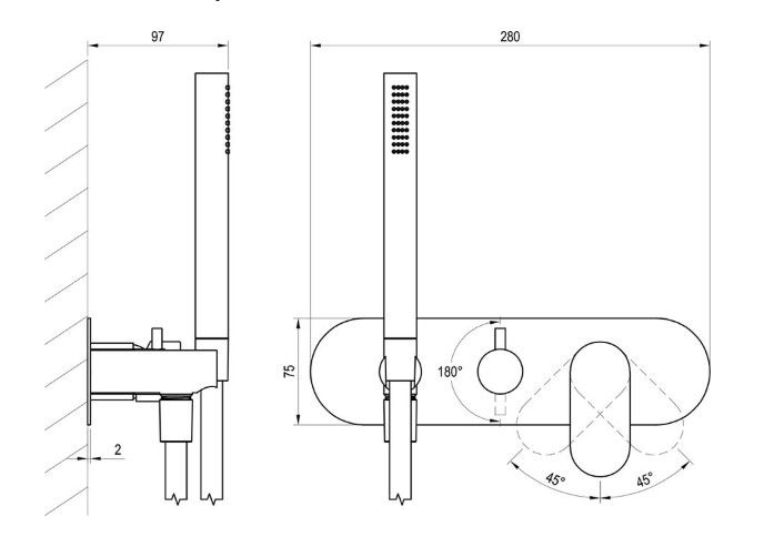 Potinkinis maišytuvas Eleganta be korpuso, 2 funkcijų, su dušo komplektu, juoda, X070300