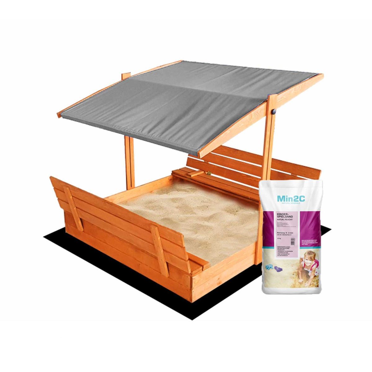 Impregnuota medinė smėlio dėžė su pilkos spalvos stogeliu ir 250 kg smėlio, 120x120 cm Impregnuota medinė smėlio dėžė su pilkos spalvos stogeliu ir 250 kg smėlio, 120x120 cm