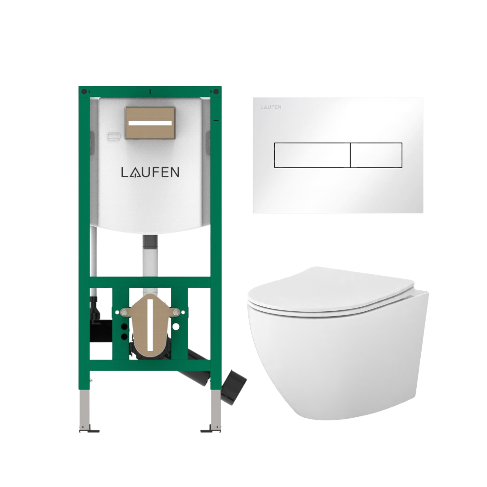 Komplektas: rėmas Laufen INEOLINK su balta plokštele ir unitazas CERSANIT DESSE Vortex