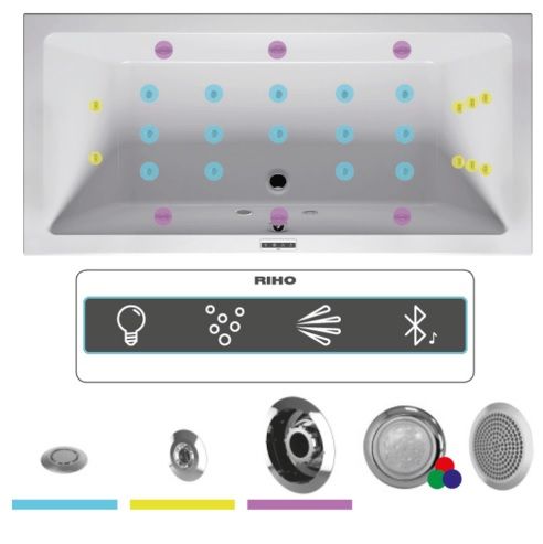 Masažinė vonia RIHO Lusso 180x80 cm Joy 6+6+2/14+šviesos terapija, BLUETOOTH Masažinė vonia RIHO Lusso 180x80 cm Joy 6+6+2/14+šviesos terapija, BLUETOOTH