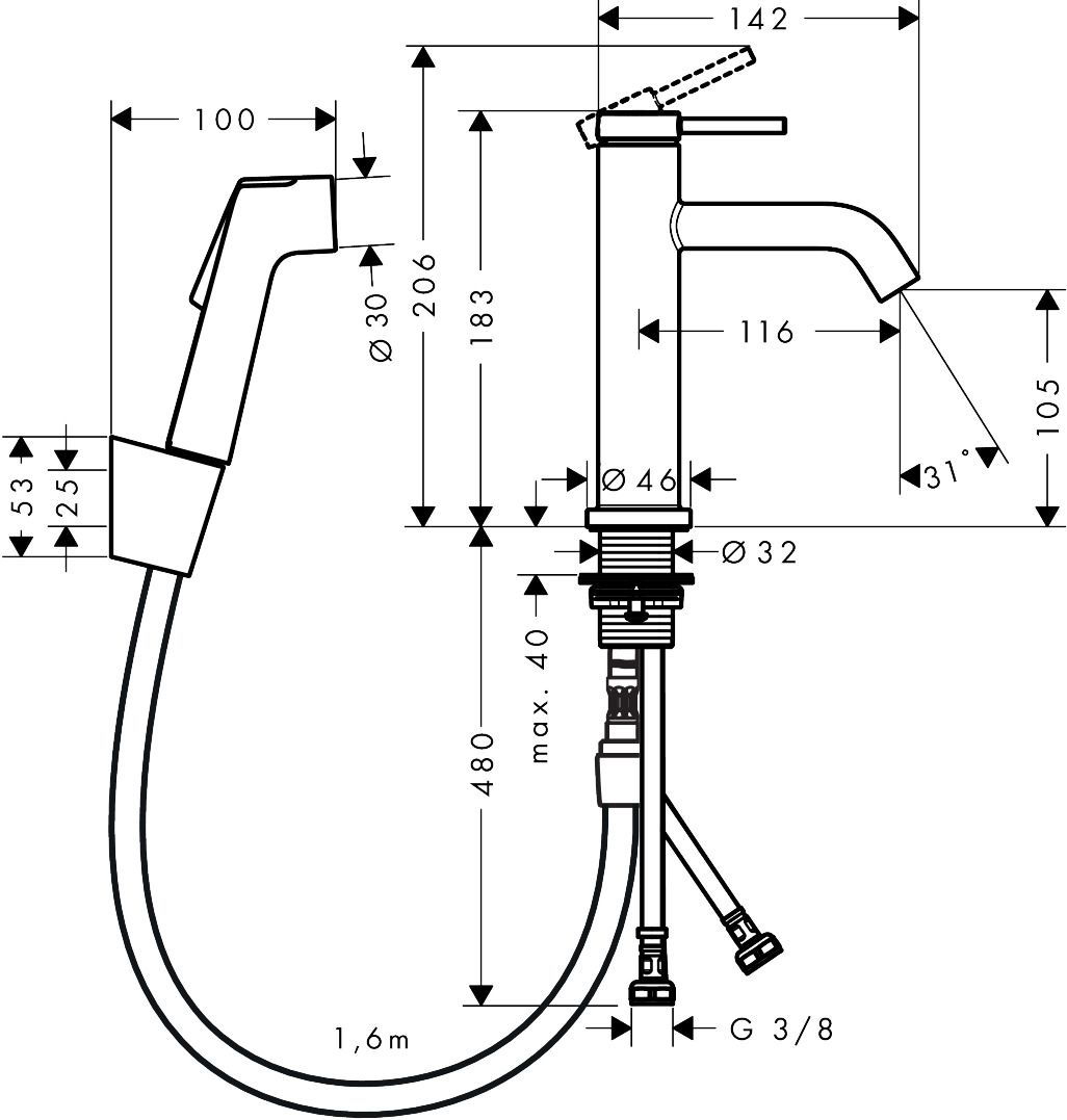Maišytuvas praustuvui Tecturis S su bidette dušeliu, chromas, 73211000