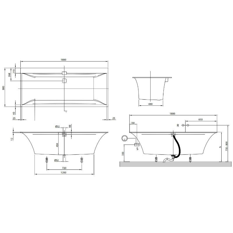 Vonia Villeroy&Boch Squaro Edge 12 180x80 cm, balta, UBQ180SQE2DV01