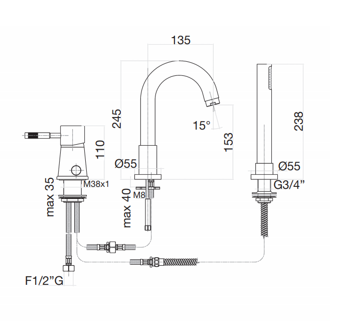Maišytuvas vonios kraštui XENON, 3 dalių, su rankiniu dušeliu, juodas matinis Maišytuvas vonios kraštui XENON, 3 dalių, su rankiniu dušeliu, juodas matinis