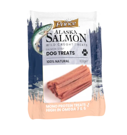 PRINCE skanukai šunims Aliaskos lašiša/žuvies odelės juostelės 100g PRINCE skanukai šunims Aliaskos lašiša/žuvies odelės juostelės 100g