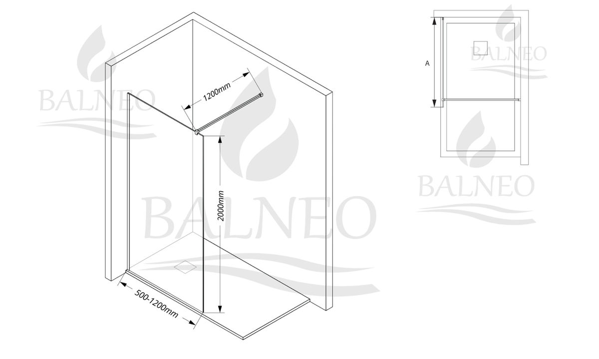 Dušo sienelė Balneo Walk-in Beira BLACK 120 cm juodos spalvos profiliu, K0101010110-8