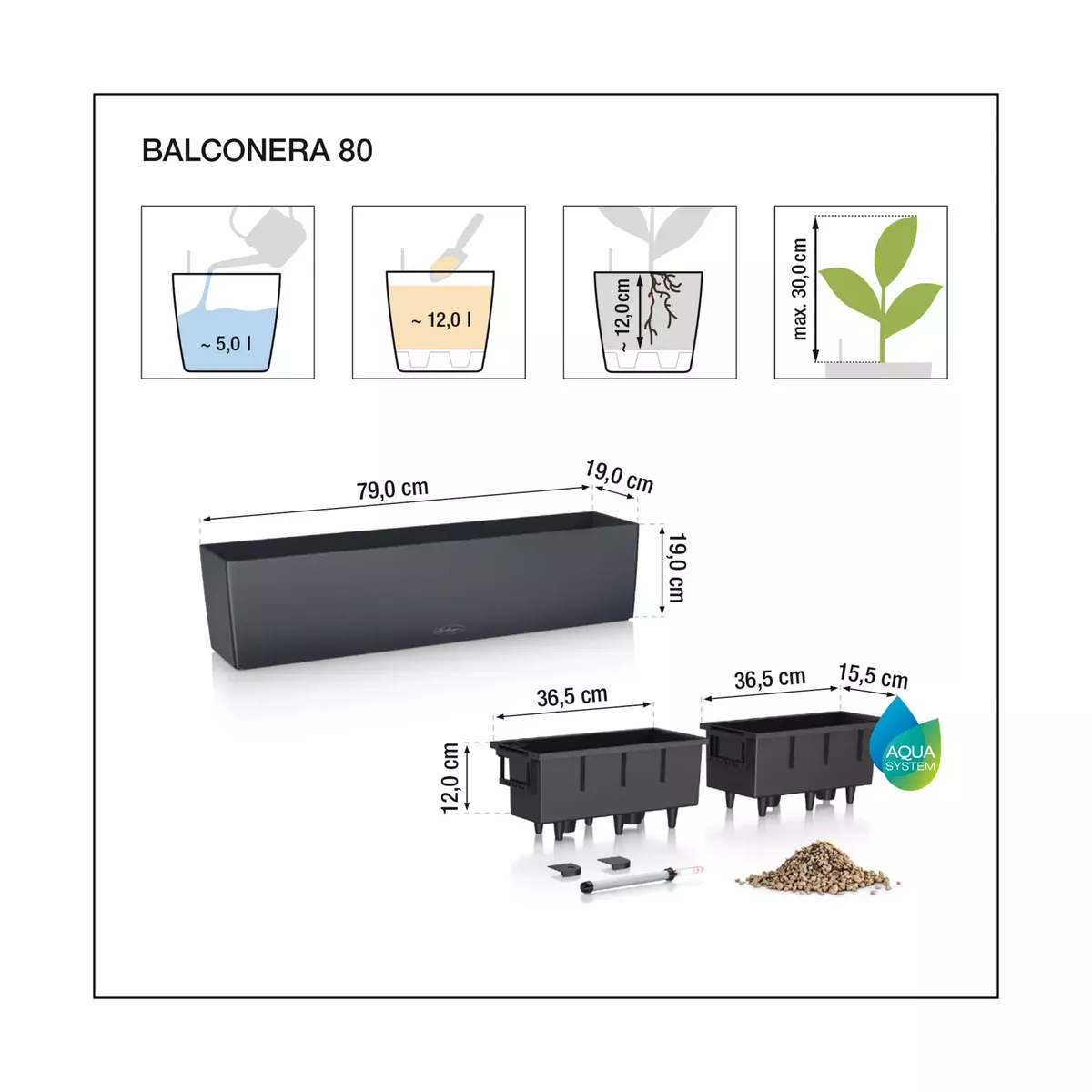 Vazonas Lechuza BALCONERA Cottage 80 grafito juoda, 15619