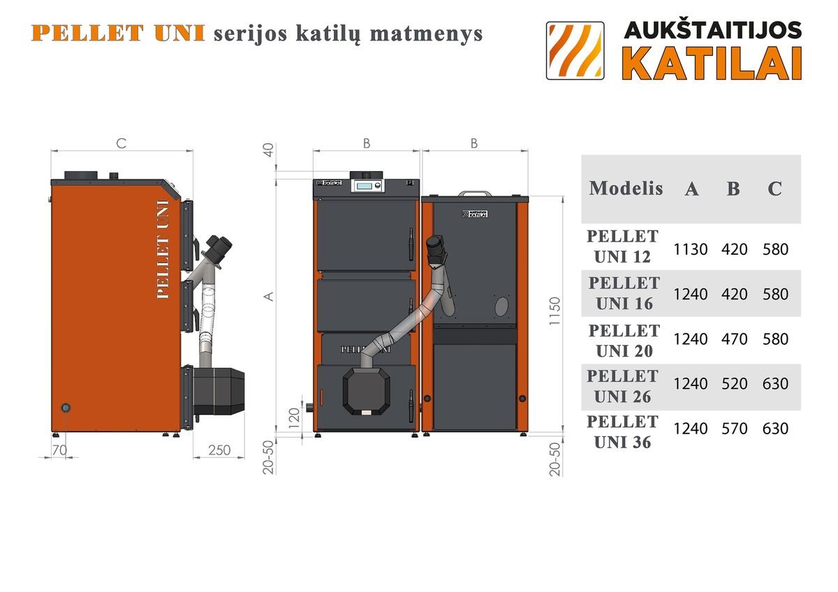 Granulinis katilas 26 kW komplekte su rotac. 26 kW degikliu, sraigtu, 320 l metaliniu bunkeriu