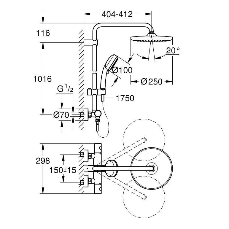 Grohe Tempesta Cosmopolitan 250 termostatinė, virštinkinė dušo sistema, chromas, 26670000