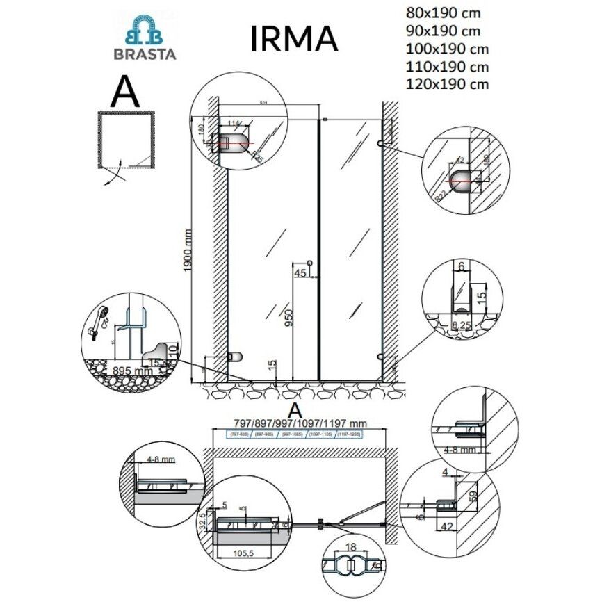 Dušo durys su sienele Brasta Glass Irma 120 cm, skaidrus stiklas