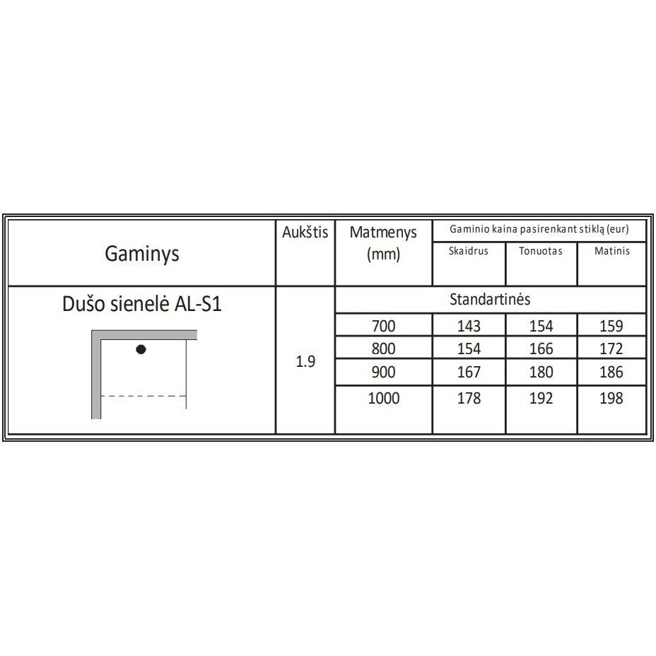 Dušo sienelė Griubner AL-S1 70 cm, aliuminio profilis, skaidrus stiklas