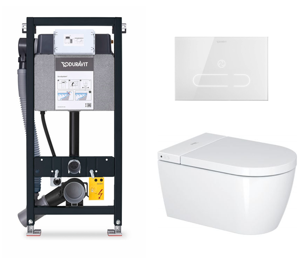 Komplektas: klozetas Duravit SensoWash® Starck f Plus Compact ir rėmas Duravit DuraSystem su baltu mygtuku, WD7014001000