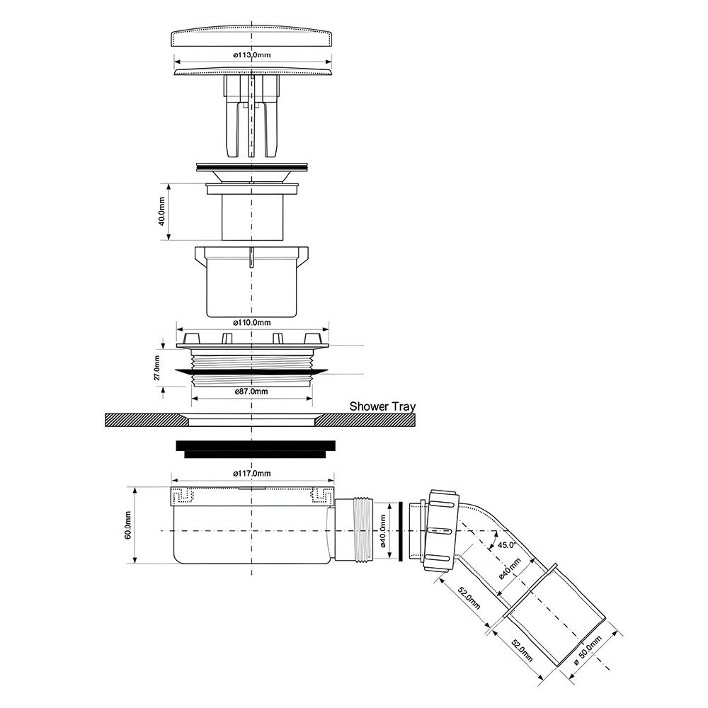 Žemas dušo padėklo sifonas su viršutinio valymo funkcija, auksinis, HC2730LGPN-PB