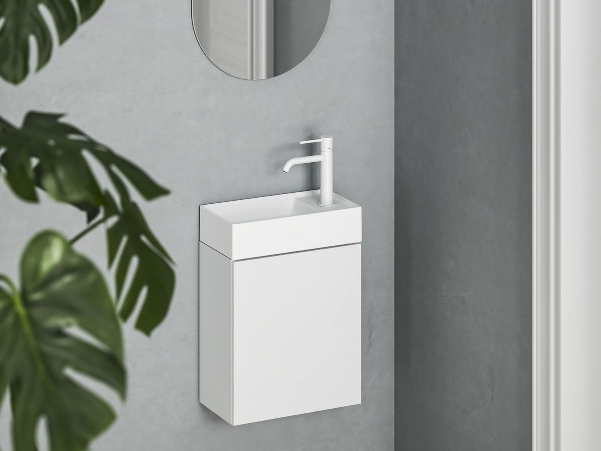 Praustuvas Ravak Veda Slim 40 Mini, su skyle maišytuvui, baltas matinis, XJX0E240002 Praustuvas Ravak Veda Slim 40 Mini, su skyle maišytuvui, baltas matinis, XJX0E240002